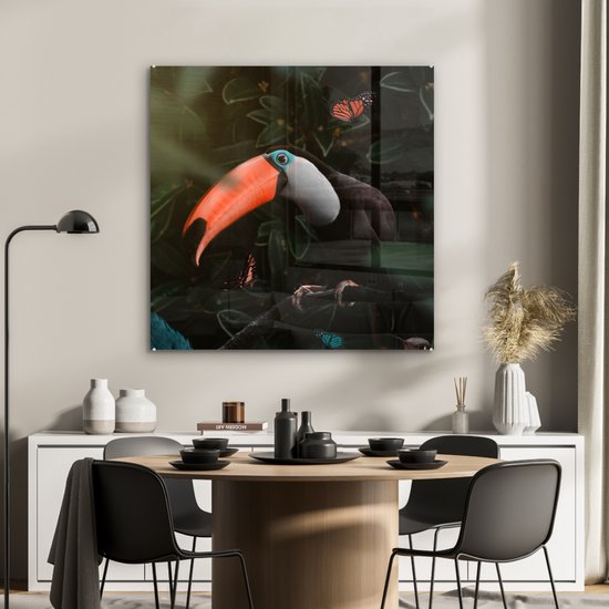 MuchoWow® Peinture sur verre 90x90 cm - Peinture sur verre - Toucan - Papillon - Feuilles - Photo sur verre acrylique - Peintures