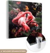 MuchoWow® Glasschilderij 50x50 cm - Schilderij acrylglas - Flamingo - Vlinders - Jungle - Foto op glas - Schilderijen