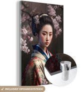 Glasschilderij vrouw - Kimono - Sakura - Bloemen - Asian - Portret - Glasplaat - Woondecoratie - Muurdecoratie glas - 60x90 cm - Foto op glas - Schilderij glas - Woonkamer - Glasschilderijen