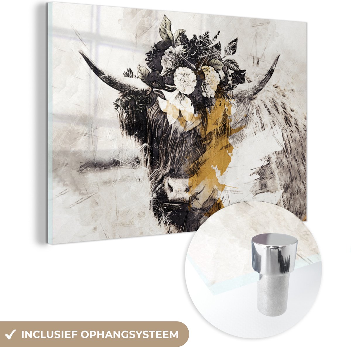 ® Glasschilderij 60x40 cm - Schilderij acrylglas - Schotse hooglander - Goud - Wit - Verf - Foto op glas - Muurdecoratie woonkamer - Wanddecoratie slaapkamer - Schilderijen