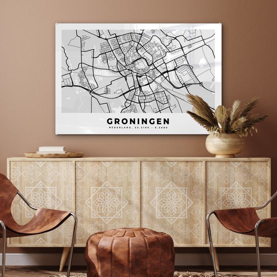 Peinture sur Verre - Carte - Groningen - Pays- Nederland - 90x60 cm - Peintures sur Verre Peintures - Photo sur Glas