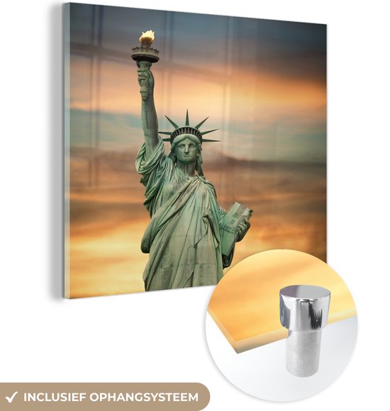 MuchoWow® Peinture sur verre 50x50 cm - Peinture sur verre acrylique - New York - Statue de la Liberté - Coucher de soleil - Photo sur verre - Peintures