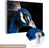 MuchoWow® Glasschilderij 120x80 cm - Schilderij acrylglas - Pauw - Dier - Blauw - Foto op glas - Schilderijen