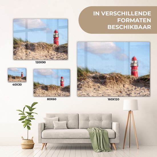 MuchoWow® Glasschilderij 160x120 cm - Schilderij acrylglas - Strand - Vuurtoren - Duin - Foto op glas - Muurdecoratie woonkamer - Wanddecoratie slaapkamer - Schilderijen