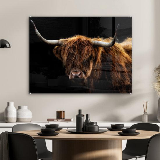 MuchoWow® Peinture sur Verre - Highlander écossais - Cornes - Zwart - Animaux - Nature - Sauvage - Taureau - Vache - 80x60 cm - Peintures sur Verre Acrylique - Photo sur Glas
