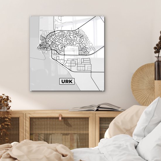 MuchoWow® Glasschilderij 50x50 cm - Schilderij acrylglas - Kaart - Urk - Zwart - Wit - Foto op glas - Schilderijen