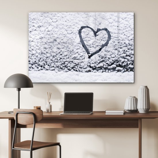 ® Glasschilderij 120x80 cm - Schilderij acrylglas - Hartje in sneeuw - Foto op glas - Muurdecoratie woonkamer - Wanddecoratie slaapkamer - Schilderijen