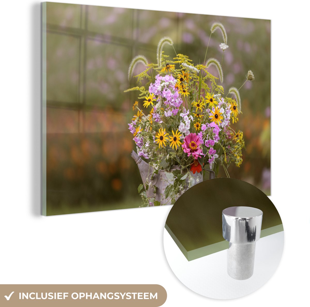 ® Glasschilderij 60x40 cm - Schilderij acrylglas - Bloemen - Gieter - Kleur - Foto op glas