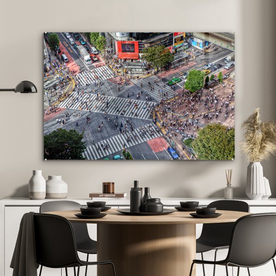 Passages pour piétons fréquentés à la ville de Shibuya au Japon Plexiglas 90x60 cm - Tirage photo sur Glas (décoration murale en plexiglas)