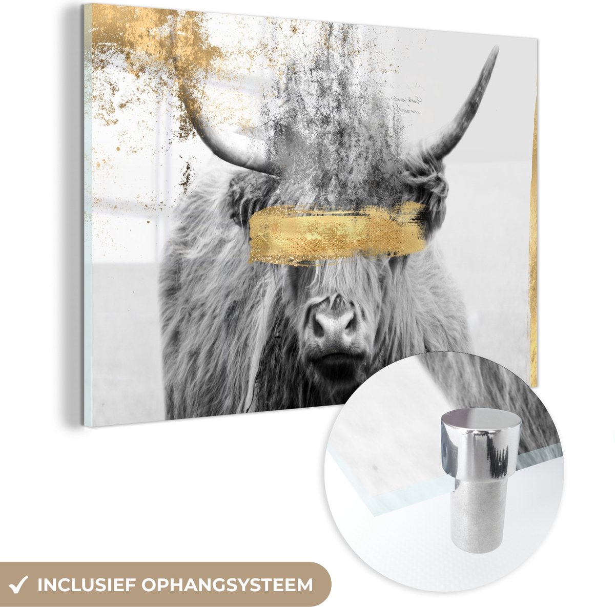 MuchoWow® Glasschilderij 150x100 cm - Schilderij acrylglas - Schotse hooglander - Goud - Verf - Foto op glas - Schilderijen