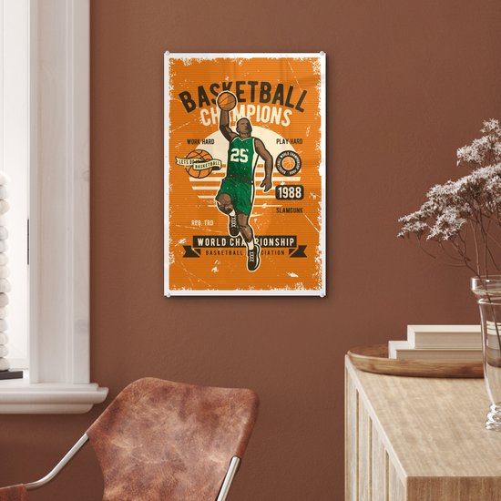 MuchoWow® Glasschilderij 40x60 cm - Schilderij acrylglas - Mancave - Basketbal - Sport - Retro - Foto op glas - Schilderijen