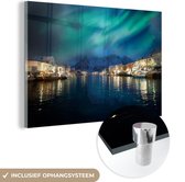 MuchoWow® Glasschilderij 60x40 cm - Schilderij acrylglas - Noorderlicht - Noorwegen - Berg - Foto op glas - Schilderijen
