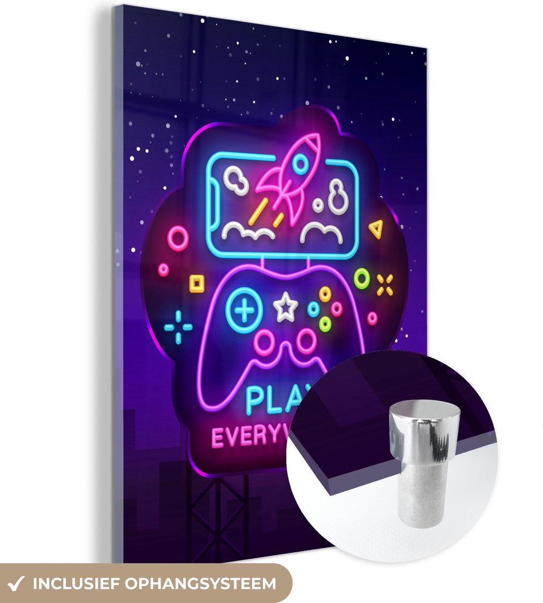 MuchoWow® Glasschilderij 120x160 cm - Schilderij acrylglas - Gaming - Neon - Play - Blauw - Nacht - Controller - Foto op glas - Schilderijen