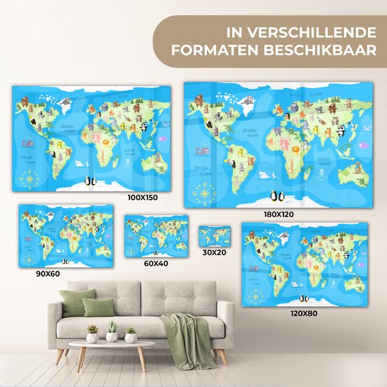 MuchoWow® Peinture sur verre 60x40 cm - Peinture sur verre acrylique - Wereldkaart - Enfant - Animaux - Blauw - Garçons - Filles - Photo sur verre - Peintures