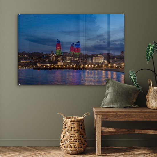 MuchoWow® Glasschilderij 90x60 cm - Schilderij acrylglas - Gekleurde Flame Towers in Azerbeidzjan - Foto op glas - Schilderijen