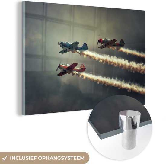 MuchoWow® Glasschilderij 30x20 cm - Schilderij acrylglas - Drie vliegtuigen tijdens de show - liggend - Foto op glas - Schilderijen