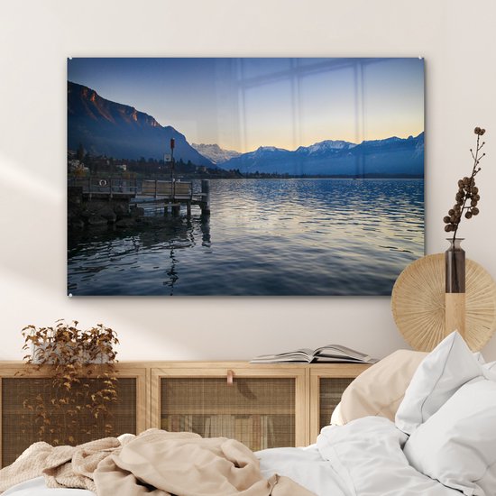 Coucher de soleil derrière les Alpes au lac Léman Plexiglas 90x60 cm - Tirage photo sur Glas (décoration murale plexiglas)