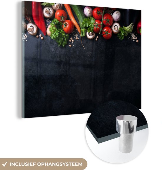 MuchoWow® Peinture sur verre 160x120 cm - Peinture sur verre acrylique - Légumes - Herbes - Épices - Zwart - Rustique - Cuisine - Photo sur verre - Peintures