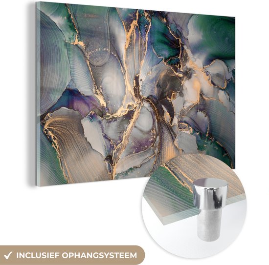 MuchoWow® Glasschilderij 90x60 cm - Schilderij acrylglas - Goud - Blauw - Marmer - Foto op glas - Schilderijen