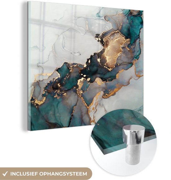 MuchoWow® Glasschilderij - Marmer - Blauw - Goud - Acrylglas Schilderijen - Foto op Glas