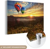 MuchoWow® Glasschilderij 120x80 cm - Schilderij acrylglas - Luchtballon - Zon - Wolken - Foto op glas - Schilderijen