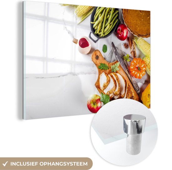 MuchoWow® Glasschilderij 90x60 cm - Schilderij acrylglas - Groente - Vlees - Keuken - Kruiden - Foto op glas - Schilderijen