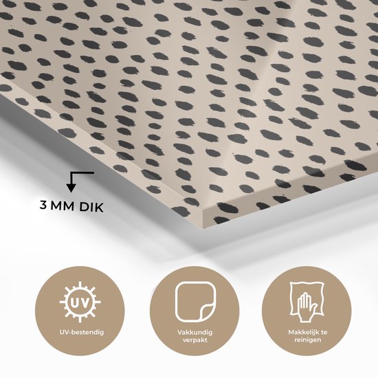 MuchoWow® Glasschilderij 60x40 cm - Schilderij acrylglas - Beige - Stippen - Patronen - Zwart - Foto op glas - Schilderijen