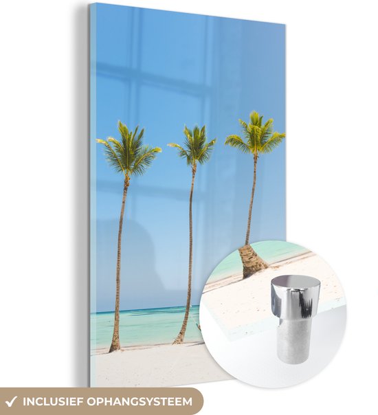 MuchoWow® Glasschilderij 100x150 cm - Schilderij acrylglas - Caribisch strand 3 palmbomen - Foto op glas - Schilderijen