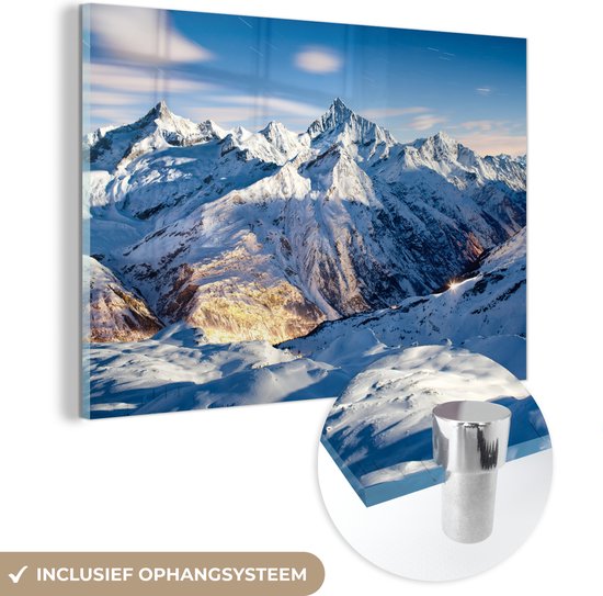 MuchoWow® Glasschilderij 150x100 cm - Schilderij acrylglas - Alpen - Berg - Sneeuw - Foto op glas - Schilderijen