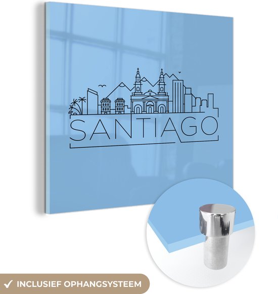 MuchoWow® Glasschilderij 20x20 cm - Schilderij acrylglas - Skyline "Santiago" zwart op blauw - Foto op glas - Schilderijen