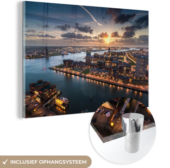 MuchoWow® Glasschilderij 60x40 cm - Schilderij acrylglas - Rotterdam - Skyline - Zonsondergang - Nacht - Foto op glas - Schilderijen