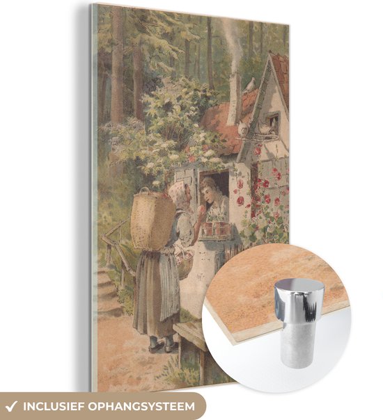 MuchoWow® Glasschilderij 100x150 cm - Schilderij acrylglas - Illustratie van een vrouw bij een huisje in het bos - Foto op glas - Schilderijen