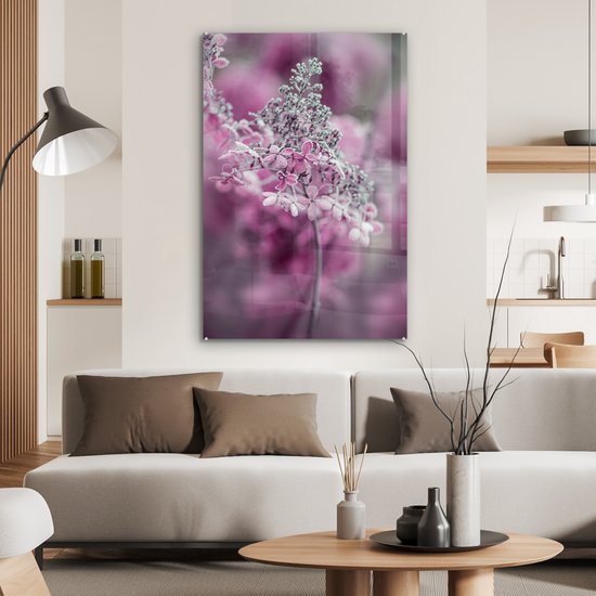 MuchoWow® Glasschilderij 60x90 cm - Schilderij acrylglas - Close-up bevroren hortensia bloemen - Foto op glas - Schilderijen