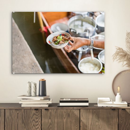 MuchoWow® Peinture sur verre 60x40 cm - Peinture sur verre acrylique - Streetfood asiatique à partir d'un chariot en bois - Photo sur verre - Peintures