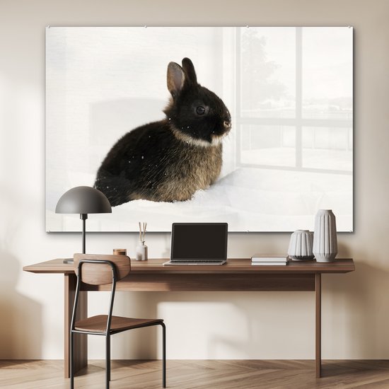 MuchoWow® Peinture sur verre 150x100 cm - Peinture sur verre acrylique - Lapin - Neige - Hiver - Photo sur verre - Peintures