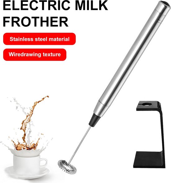 Mousseur à lait sans fil avec support - Mini mélangeur à main en acier inoxydable - Mousseur à lait électrique - Fonctionne à piles - Fouet à lait et agitateur et batteur - Argent