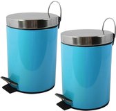 MSV Prullenbak/pedaalemmer - 2x - metaal - turquoise blauw - 3 liter - 17 x 25 cm - Badkamer/toilet