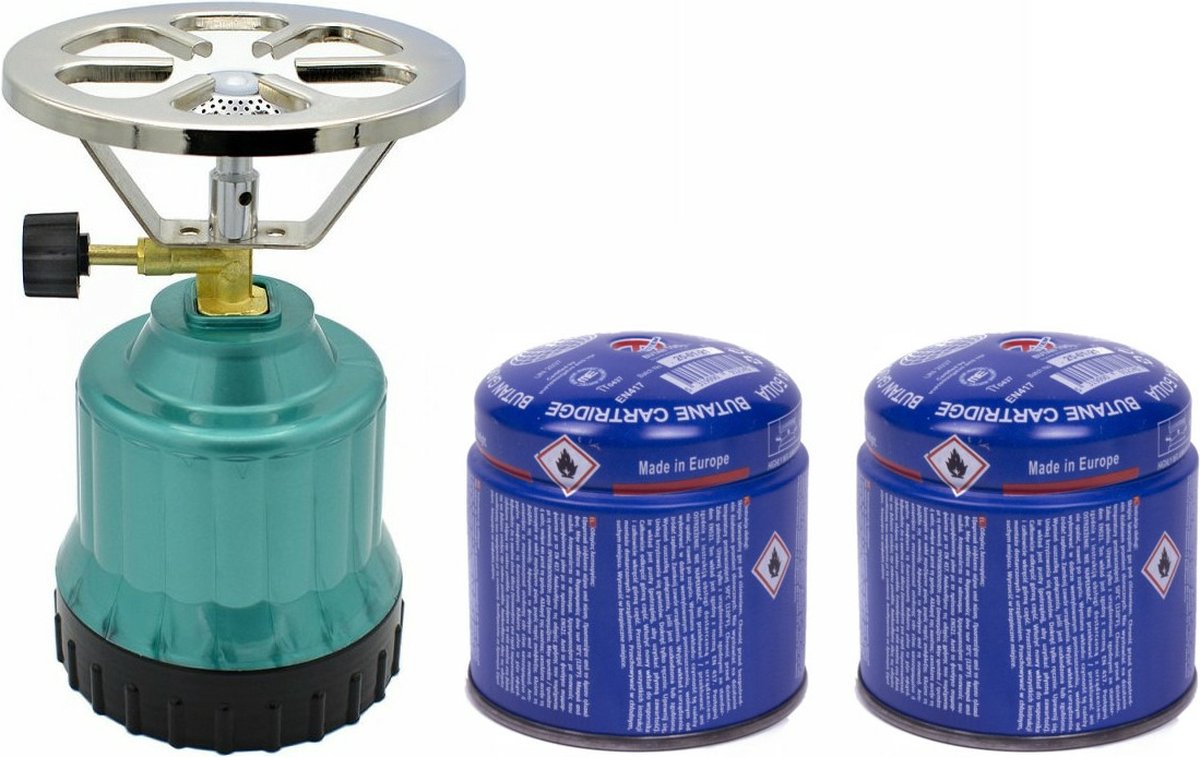 Camping kookstel - kunststof - groen - incl. 2x gas navulling priktank - 190 gram