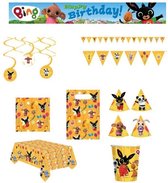 Bing het konijn - Feestpakket - Versiering - Verjaardag - Kinderfeest – Vlaggenlijn - Happy Birthday slinger - Plafondecoratie swirl hangers - Servetten – Tafelkleed - Bekers - Feesthoedjes - Uitdeelzakjes.