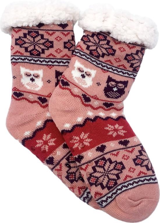 Merino Wollen sokken - Roze rood met uiltjes - maat 39/42 - Huissokken - Antislip sokken - Warme sokken – Winter sokken