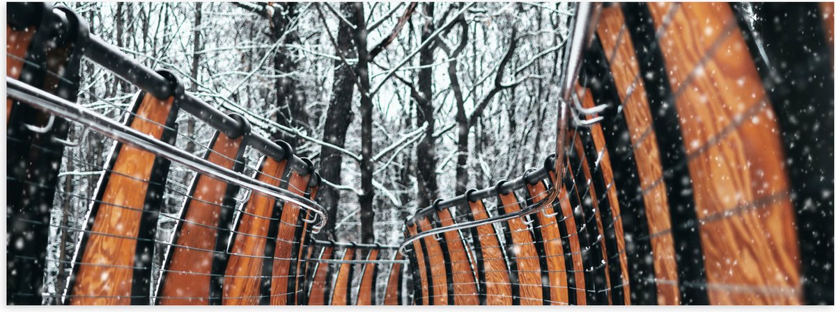 Poster (Mat) - Hekwerk in Ondergesneeuwd Bos - 90x30 cm Foto op Posterpapier met een Matte