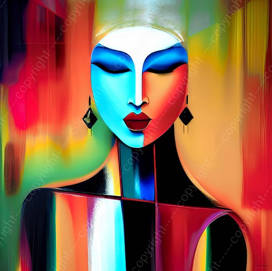 JJ-Art (Canvas) 60x60 | Vrouw gezicht abstract – kleurrijk – felle kleuren – kunst – woonkamer - slaapkamer | mens, goud, geel, bruin, groen,rood, blauw, vierkant, modern | Foto-Schilderij print (wanddecoratie)