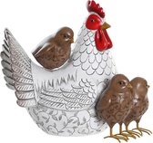 Items Home decoratie dieren/vogel beeldje - Kip met kuikens - 25 x 22 cm - binnen/buiten - wit/bruin
