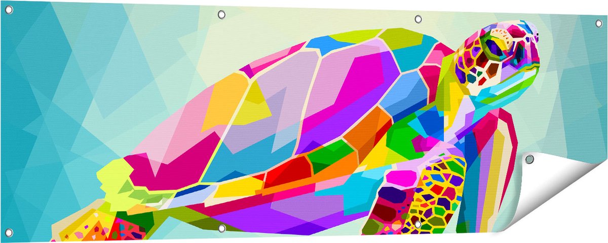 Gards Tuinposter Kleurrijke Schildpad in het Water - 150x50 cm - Tuindoek - Tuindecoratie - Wanddecoratie buiten - Tuinschilderij Multikleur