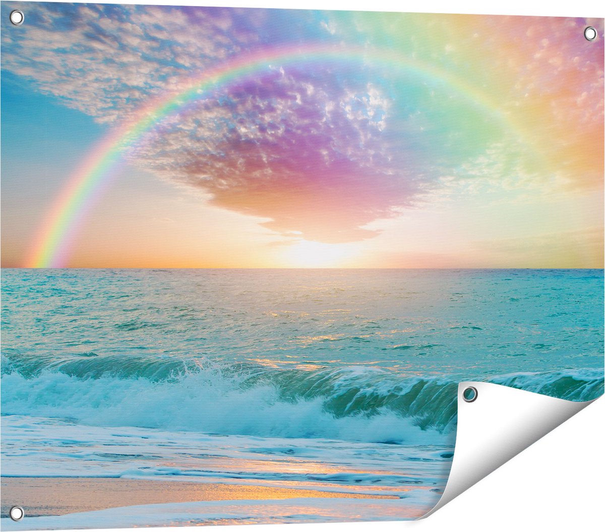 Gards Tuinposter Regenboog in het Water bij het Strand - 80x60 cm - Tuindoek - Tuindecoratie - Wanddecoratie buiten - Tuinschilderij Multikleur