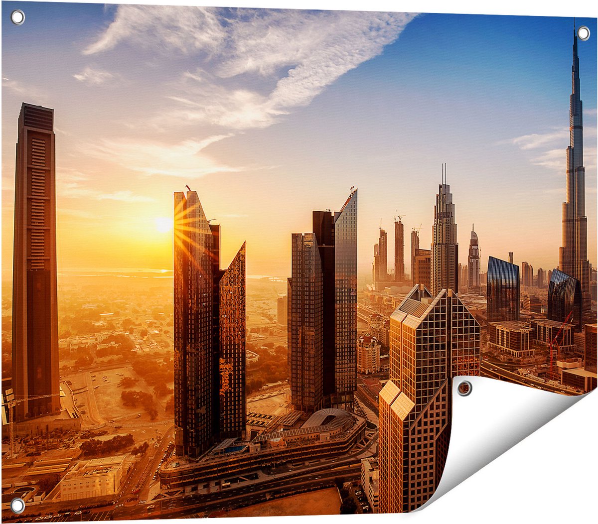 Gards Tuinposter Dubai Stad bij Zonsopgang - 80x60 cm - Tuindoek - Tuindecoratie - Wanddecoratie buiten - Tuinschilderij Multikleur