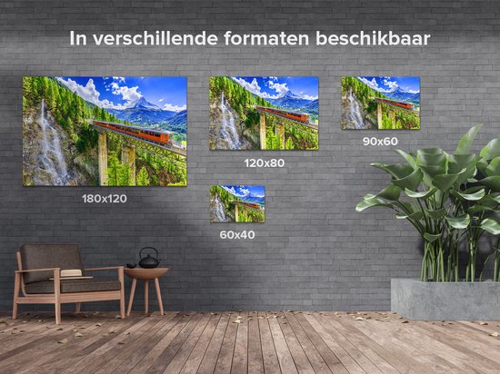 Affiche de jardin Gards Train sur un pont à une cascade en Suisse - 90x60 cm - Toile de jardin - Décoration de jardin - Décoration murale extérieure - Peinture de jardin