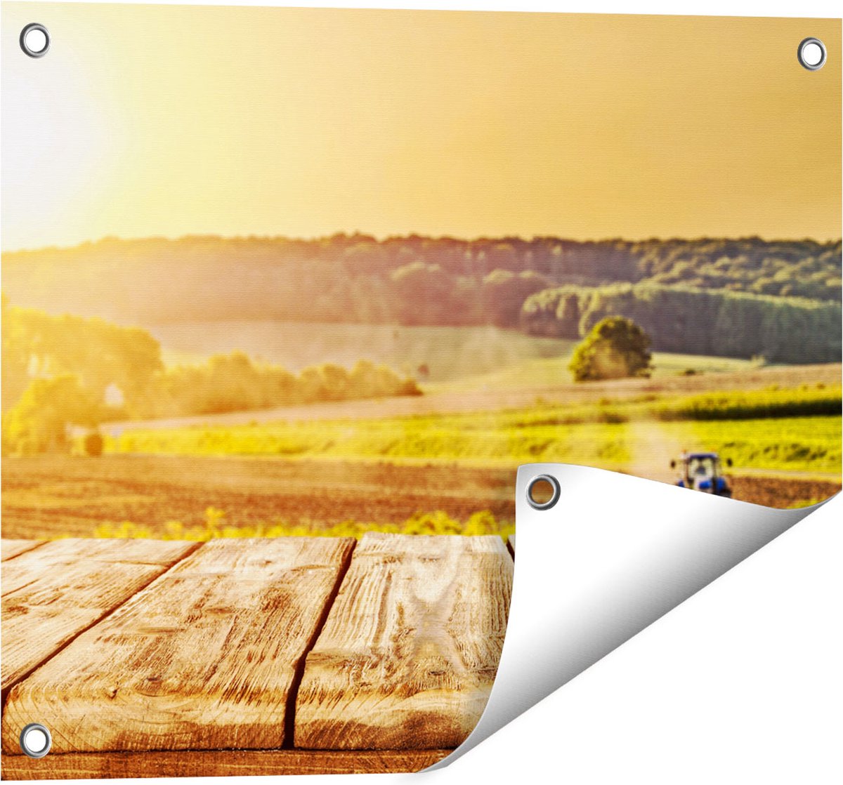 Gards Tuinposter Tractor in het Veld met Houten Planken - 50x40 cm - Tuindoek - Tuindecoratie - Wanddecoratie buiten - Tuinschilderij Multikleur