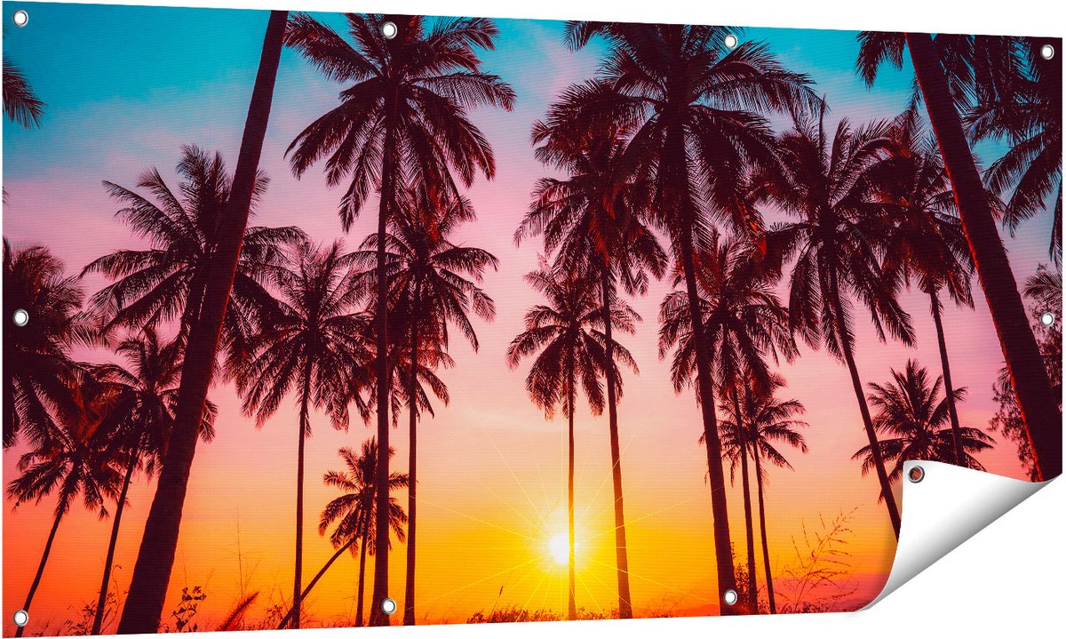 Gards Tuinposter Palmbomen op het Strand bij Zonsondergang - 140x70 cm - Tuindoek - Tuindecoratie - Wanddecoratie buiten - Tuinschilderij Multikleur
