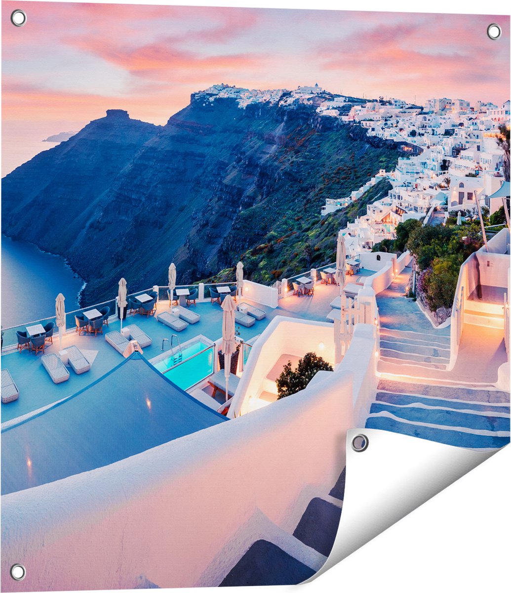 Gards Tuinposter Luxe Huisjes aan de Kust in Fira, Griekenland - 60x60 cm - Tuindoek - Tuindecoratie - Wanddecoratie buiten - Tuinschilderij Multikleur
